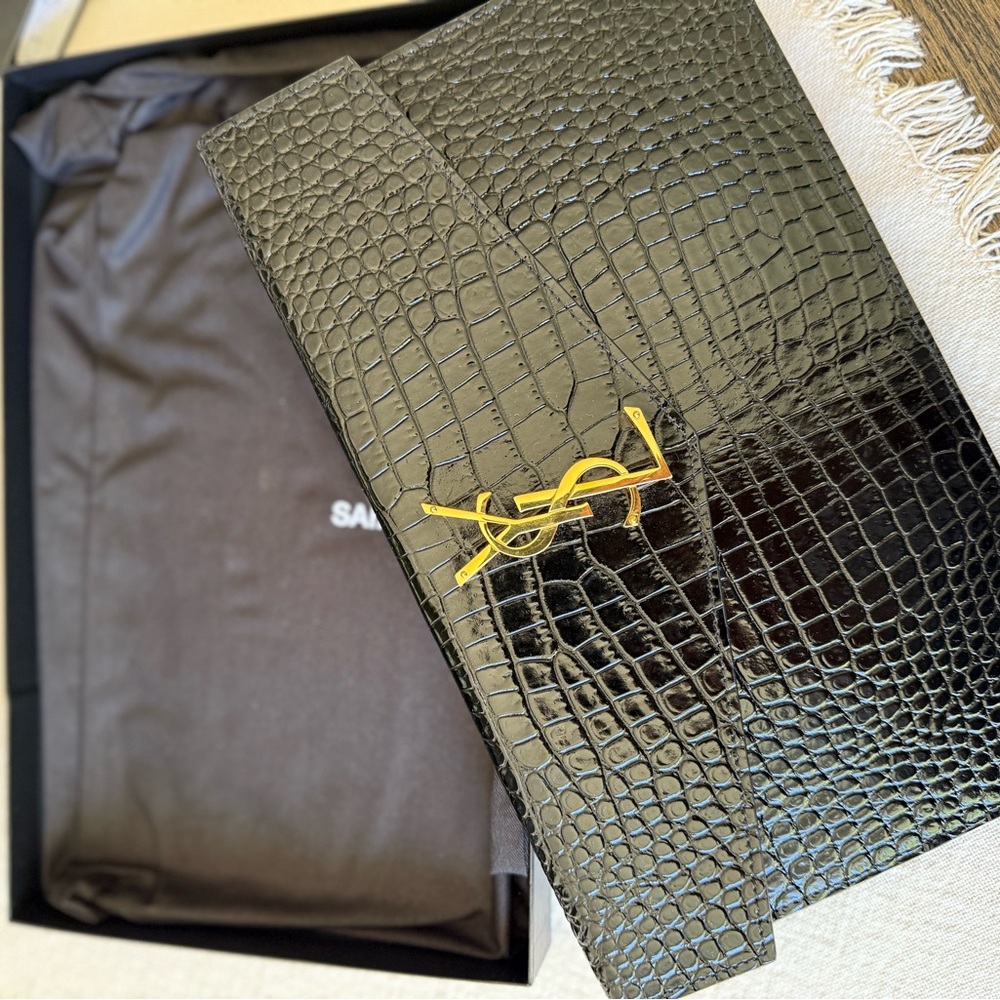 Saint Laurent Black Croc-Embossed Clutch with Gold Logo